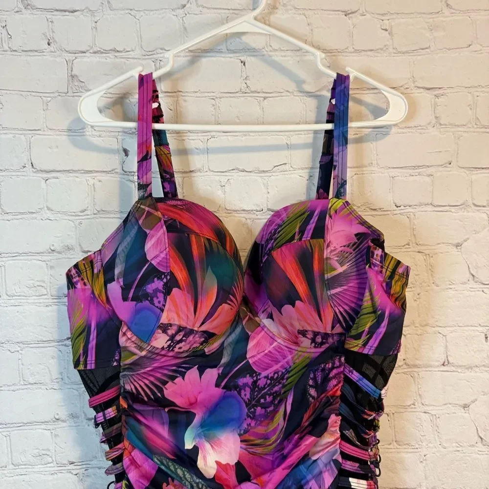 Women’s Floral Ruched One-Piece Swimsuit - Purple Mix - Picture 2 of 9